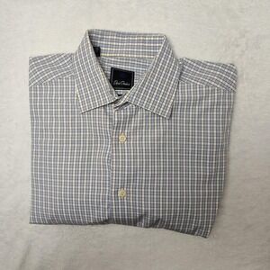 David Donahue Shirt Mens 16.5 34/35 Blue Brown Check Trim Fit Dress Long Sleeve